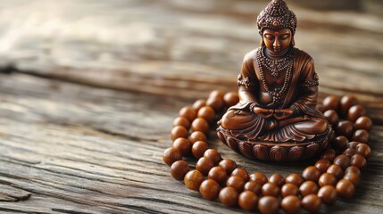 Jain prayer beads (Mala) and a small idol of Lord Mahavira on a wooden platform. High angle view, copy space