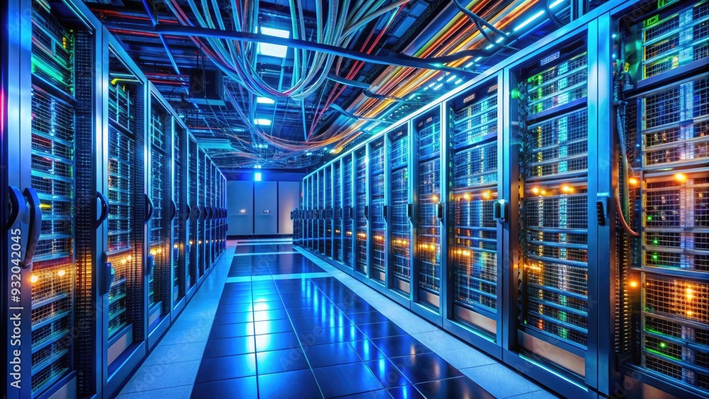 Compact server room with rows of futuristic machines, glowing blue ...