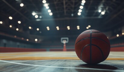 Fototapete - A basketball on the court in an indoor stadium with spotlights, cinematic, and hyper-realistic.