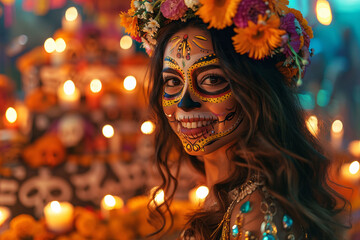 portrait of a mexican woman in traditional dress with catrina makeup, with a day of the dead altar i