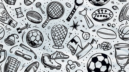 Canvas Print - A seamless doodle pattern of scattered sports equipment including soccer balls, basketballs, tennis rackets, and footballs, surrounded by doodles of trophies and medals,