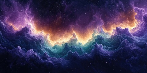 Poster - Abstract Cosmic Landscape with Starry Sky and Purple and Blue Mountains