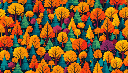 Wall Mural - Autumn pattern, background with colorful forest trees different shapes and colors. Vector flat illustration.