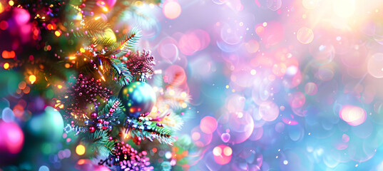 Poster - A close-up view of a Christmas tree adorned with colorful ornaments and twinkling lights, creating a warm and festive atmosphere