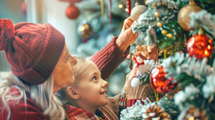 A grandmother and her granddaughter enjoy decorating their Christmas tree, surrounded by delightful ornaments and festive garlands, filled with holiday cheer