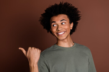 Wall Mural - Photo of young positive guy with chevelure introduce his parents business new barber shop isolated on brown color background