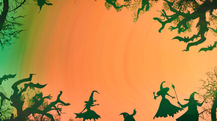 Whimsical silhouettes of witches, wizards, and goblins dance along a vibrant gradient background, framed by dark, mysterious tree branches in a fantasy Halloween setting