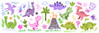 © Oleksandra - Kids doodle dino set, vector color pencil dinosaur illustration, cartoon childish cute monster plant. Hand drawn naive scribble funny prehistorical characters, flowers, clouds, volcano. Doodle dino