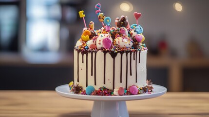 Poster - Birthday Cake Decorated With Colorful Sprinkles and Chocolate Drizzle