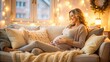 © Four888 - Cozy expecting mother relaxes on a plush couch, surrounded by soft pillows and blankets, with a warm glow of natural light illuminating her serene atmosphere.