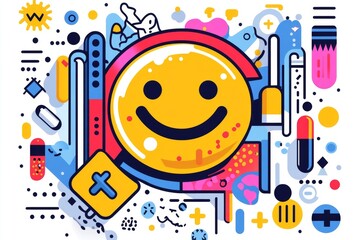 Canvas Print - Vibrant and abstract digital art featuring a smiling face surrounded by colorful pills and medical symbols representing the energetic and dynamic nature of modern healthcare