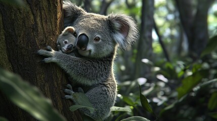 Wall Mural - Koala Mother and Baby Embracing a Tree