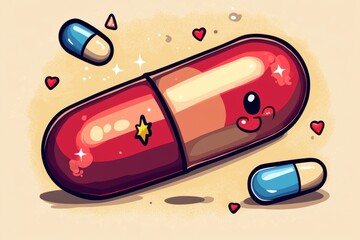 Poster - Cute and friendly cartoon pill character with heart symbols representing the positive and loving impact of healthcare on well being