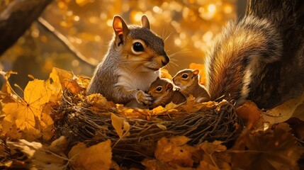 Poster - Squirrel Family in Autumn Nest