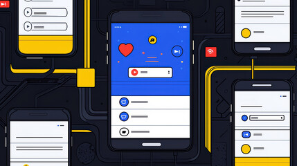 Creative concept of mobile applications with vibrant icons and interface elements, highlighting interconnected devices and interaction.