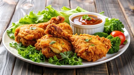 Crispy fried chicken thigh with golden brown skin, served on a white plate with a side of fresh greens and tangy dipping sauce.