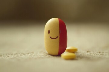 Sticker - Minimalist and warm depiction of a single pill with a smiling face on a dark background representing simplicity and care in healthcare