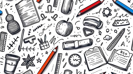 Poster - A seamless pattern of doodles featuring school supplies, including crayons, notebooks, rulers, and paper clips, arranged randomly, in a bright and cheerful color scheme, on a white background,