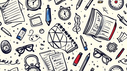 Poster - A seamless pattern of doodles with exam prep tools such as test papers, pencils, clocks, and stress balls, mixed with study items like sticky notes and textbooks,