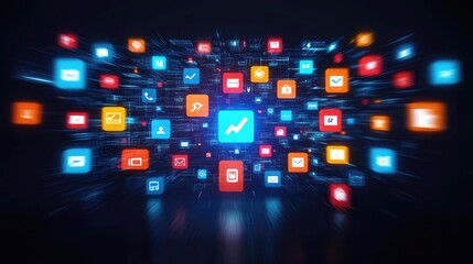 digital screen, with business-related app icons floating around, representing the use of apps in managing business tasks. no people. --no people