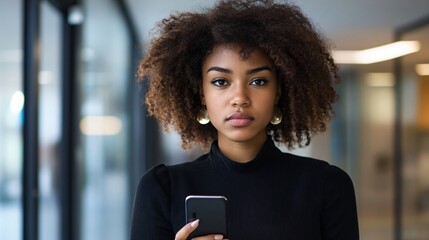 A woman with a serious, confident expression, holding a phone, ready for business in a sleek, modern office setting