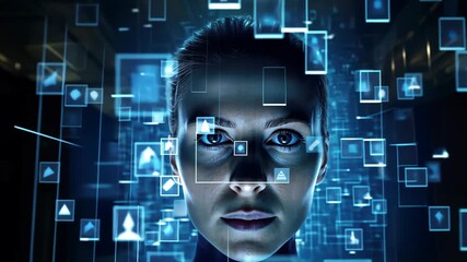 A person contemplates an array of floating digital images, reflecting on the impact of technology on personal connections