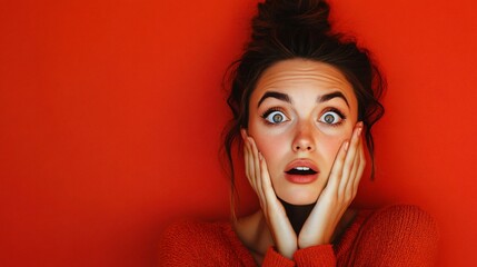 A woman with a shocked expression, holding her face with one hand, against a vibrant red background