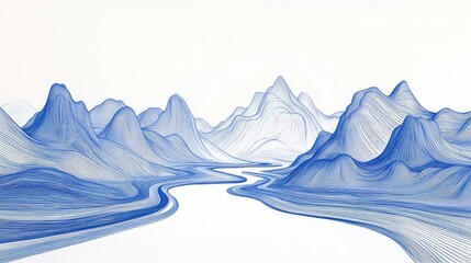 Minimalist wire drawing of a mountain landscape with a river, blue lines on a white background.