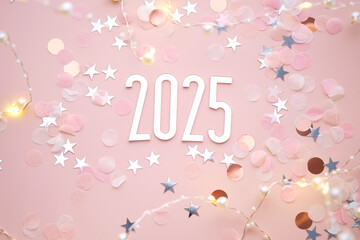 Wall Mural - new year 2025 pink background. number of the coming year in christmas decoration.