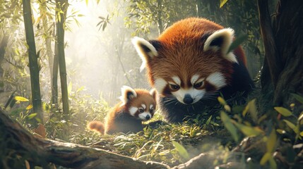 Wall Mural - Red Panda Family in a Lush Forest