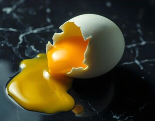 A cracked egg with a vibrant yellow yolk spilling onto a glossy black marble countertop creating te with ai