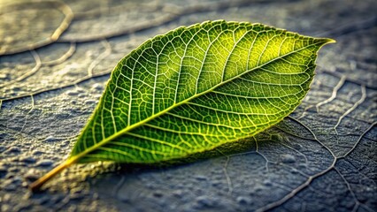 Delicate green leaf with intricate veins lies on a smooth stone surface, its gentle shadow cast softly to the side, evoking a sense of serenity.