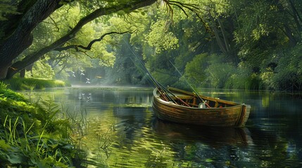 Poster - A wooden boat drifts quietly on a serene river, framed by vibrant green trees and dappled sunlight filtering through the leaves. Generative AI