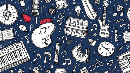 Sticker - A seamless pattern of doodles with musical elements like notes, clefs, and bars, mixed with instruments such as pianos and guitars, in a vibrant and rhythmic color scheme, on a soft blue background,