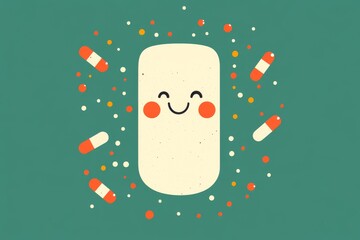 Poster - Playful illustration of a smiling capsule with floating pills on a green background symbolizing positivity and approachability in healthcare