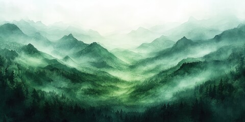 Canvas Print - Watercolor Painting of Misty Mountains and a Dense Forest