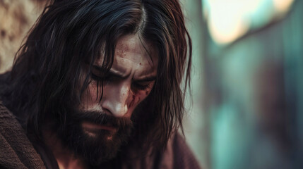 A person dressed in tattered robes symbolizing Jesus Christ, sits tired and sad, disappointed in His creation, humanity