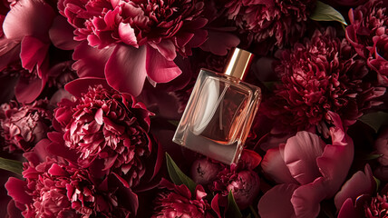 Wall Mural - Perfume bottle in flowers, fragrance on blooming background, floral scent and cosmetic product idea