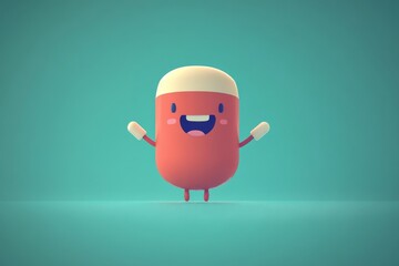 Wall Mural - Playful and minimalist cartoon of a single capsule character with a smiling face on a teal background symbolizing simplicity and happiness in healthcare