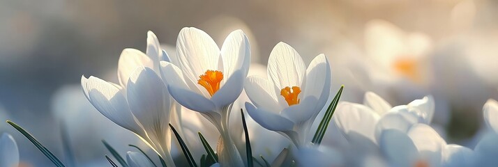 Wall Mural - Delicate White Crocuses Blooming in Spring Sunlight - A close-up of white crocus flowers bathed in the warm glow of the setting sun, symbolizing renewal, hope, beauty, and the arrival of spring.