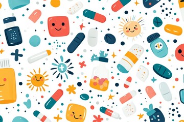 Poster - Whimsical pattern of various colorful pills and capsules on a white background symbolizing creativity and diversity in healthcare