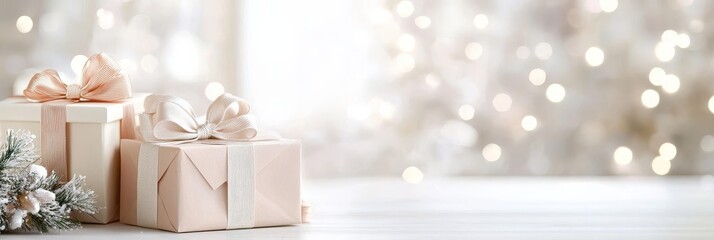 Poster - Elegant Christmas Gifts with Bokeh Lights - Two beautifully wrapped gifts with delicate bows, set against a backdrop of soft bokeh lights, evoking the magic of Christmas.