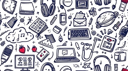 Poster - A seamless pattern of doodles with tech class items such as laptops, tablets, headphones, and coding symbols, mixed with fun items like microchips and USB drives, in a vibrant and sleek color scheme,