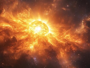 aweinspiring view of the sun in deep space surrounded by swirling cosmic gases and distant stars rich oranges and purples sense of scale and wonder astronomical spectacle