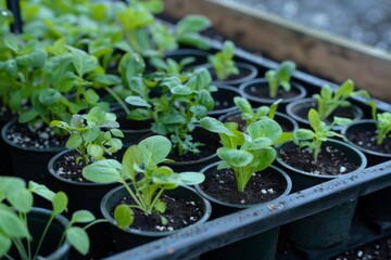 Plastic pots with various vegetables seedlings