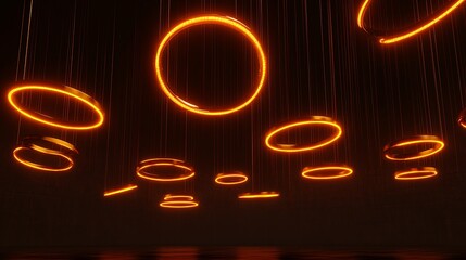 Wall Mural - Glowing Orange Rings in Dimly Lit Room - 3D Render Low Angle View