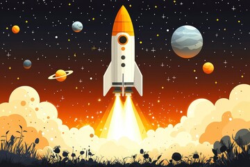 Wall Mural - rocket launch into space with stars and planets