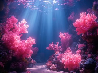 Wall Mural - bioluminescent underwater fantasy realm glowing coral reefs ethereal sea creatures shimmering light beams mysterious depths meet magical imagination