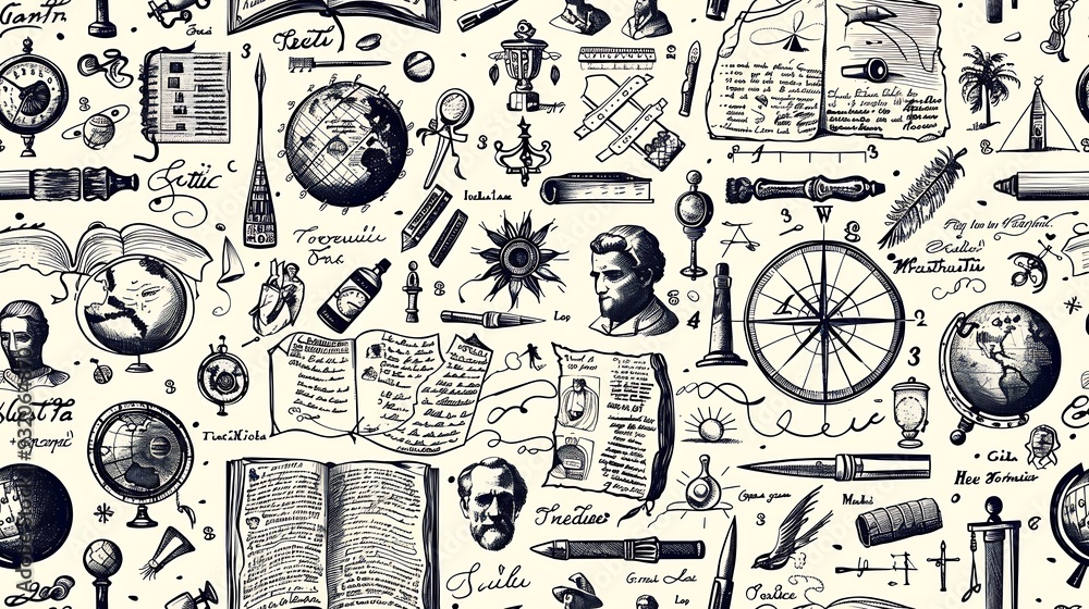 A seamless pattern showcasing doodles of historical artifacts like ...
