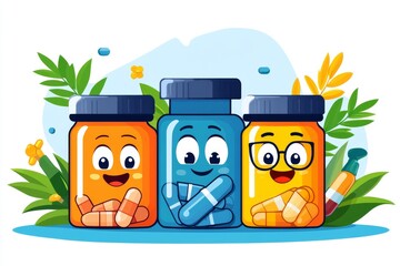 Wall Mural - Cartoon style medicine jars with happy faces surrounded by plants representing the connection between nature and healthcare in a friendly modern design